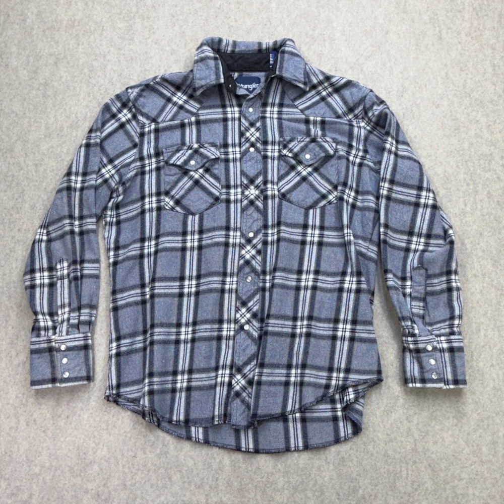 Wrangler Pearl Snap Shirt Men L Blue Plaid Western Cowboy Americana Grunge Pearl